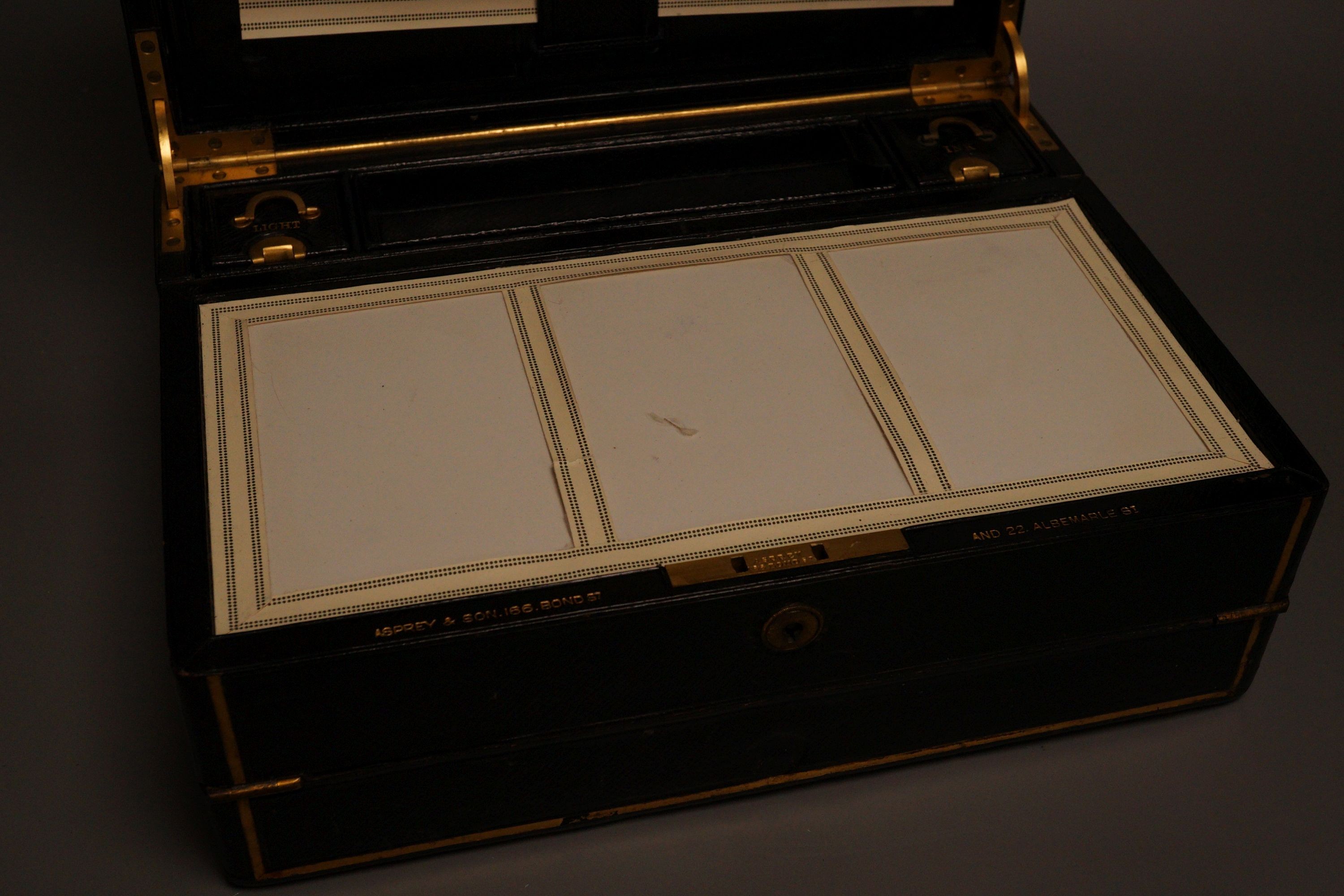 An Asprey & Son Morocco leather clad travelling writing box, 31 cm wide